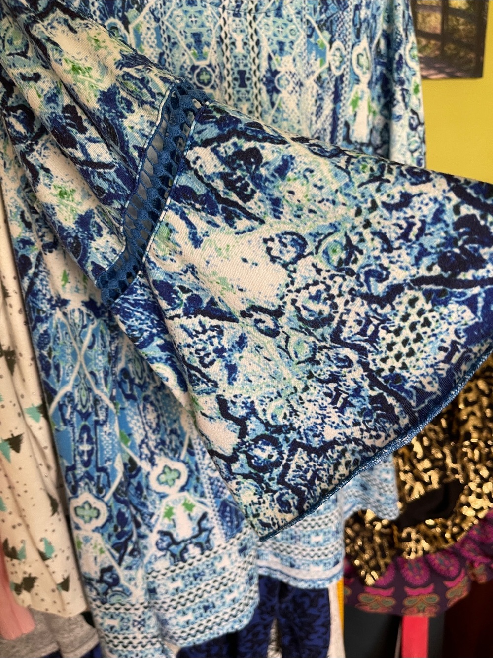 Blue Printed Tunic with Green Accents with bell sleeves.